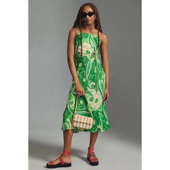 Farm Rio Tropical Groove Midi Dress Green Floral Print Sleeveless Size S Small